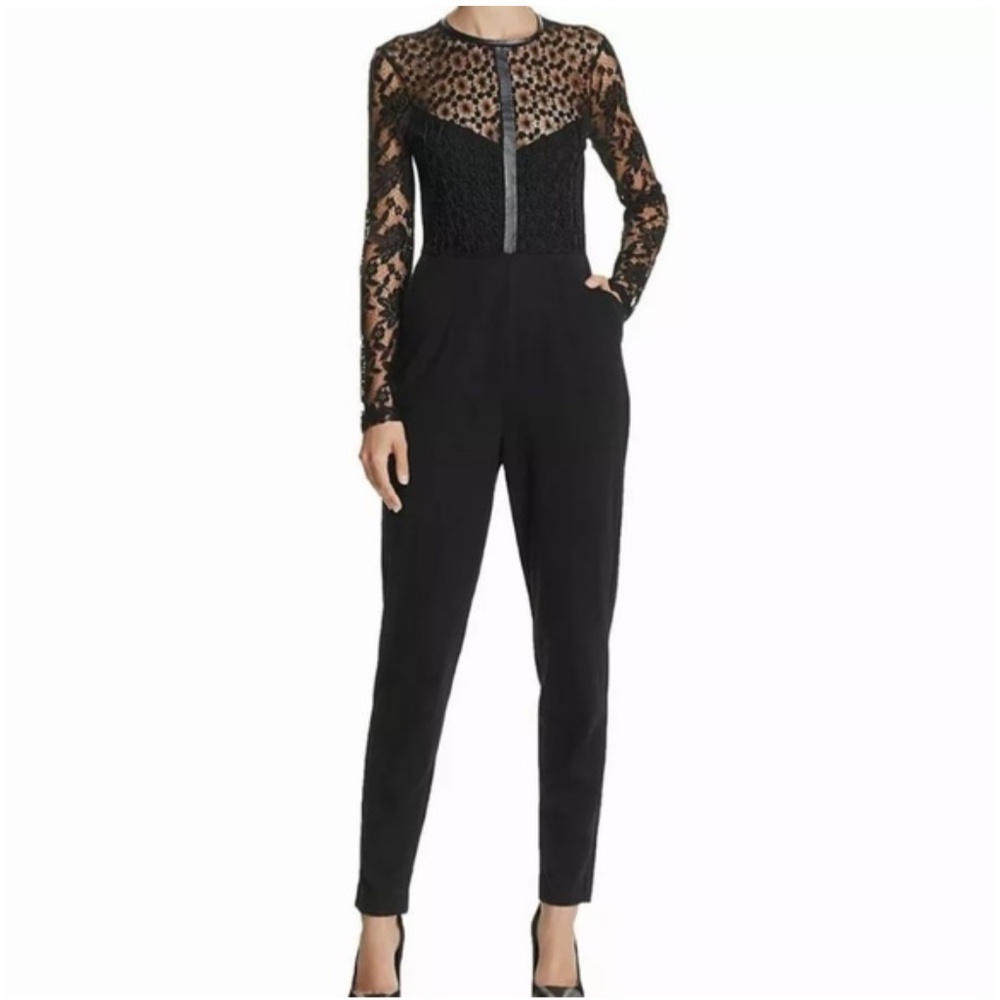 French Connection Black Sheer Jumpsuit Lace faux leather size  6